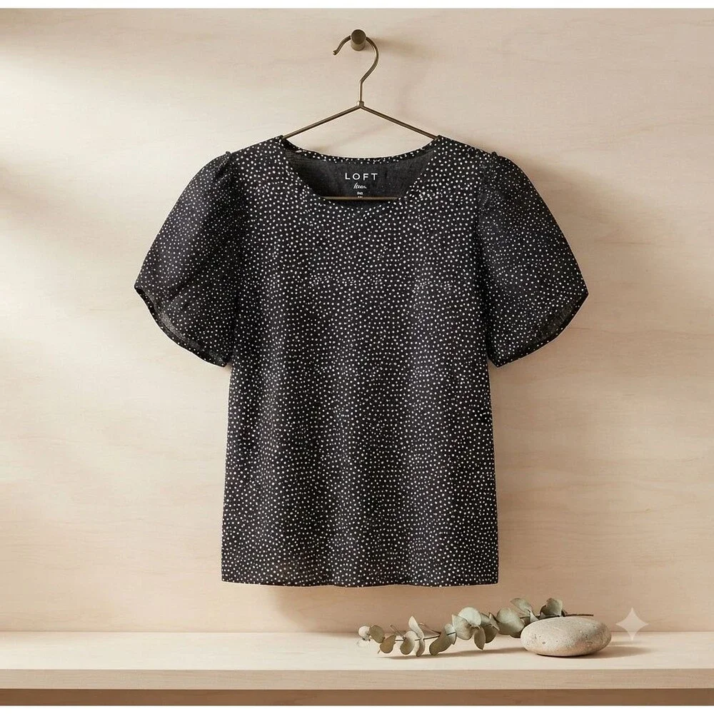 LOFT Black White Polka Dot Puff Sleeve Linen Top M 100% Linen Crew Neck Blouse